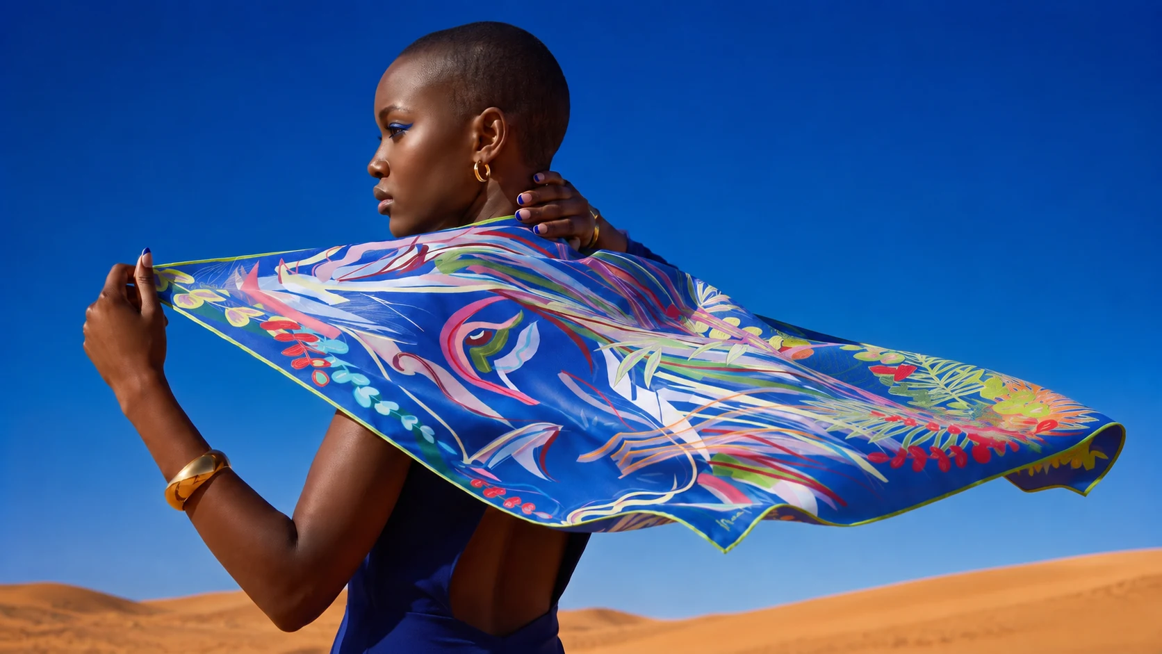 Foulard di seta NinaMoire blu spiegato al vento sulle dune del deserto